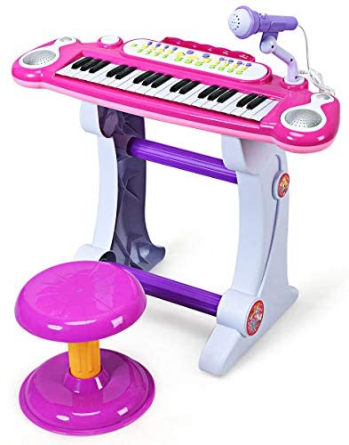 Costzon Electronic Keyboard 37-Key Piano, Musical Piano w/Record and Playback for Kids, Working Microphone & Stool, Pink