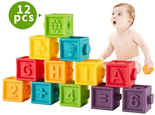 Bu-buildup BBU.02.001 Squeeze Baby Blocks, Soft Building Blocks for Toddlers, Teething Chewing Toys, Educational Baby Toys with Animals, Shapes, Textures, Numbers, 12 PCS for Baby 6 Month & Up
