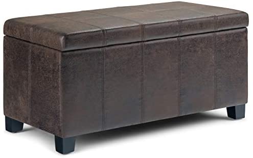 Simpli Home Dover 36 inch Wide Rectangle Lift Top  Storage Ottoman Bench in Upholstered Distressed Brown Faux Air Leather, Footrest Stool, Coffee Table for the Living Room, Bedroom and Kids Room