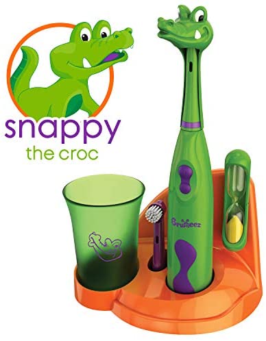 Brusheez Kid's Electric Toothbrush Set (Safari Edition) - Snappy The Croc - Includes Battery-Powered Toothbrush, 2 Brush Heads, Cute Animal Cover, Sand Timer, Rinse Cup & Storage Base