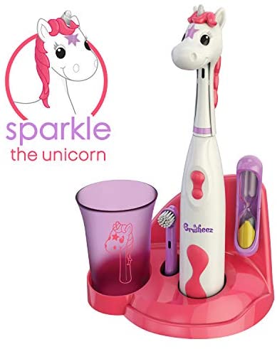 Brusheez Kid's Electric Toothbrush Set - Sparkle The Unicorn - Includes Battery-Powered Toothbrush, 2 Brush Heads, Cute Animal Cover, Sand Timer, Rinse Cup & Storage Base