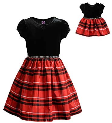 Dollie & Me Girls' Cap Sleeve Velvet Woven Plaid Dress with Matching Doll Outfit