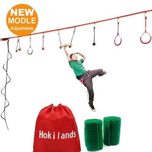 Hokilands Ninja Warrior Obstacle Course for Kids + Climbing Rope Ladder, 45 ft Ninja Slackline with 8 Hanging Ninja Obstacle Course, Ninja Warrior Training Equipment for Kids Backyard Outdoor Indoor