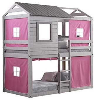 Donco Kids Deer Blind Bunk Loft Bed with Pink Tent, Twin/Twin, Light Grey