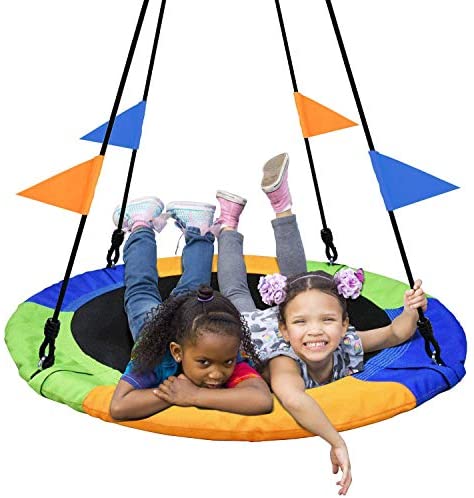 PACEARTH 40 Inch Saucer Tree Swing Flying 660lb Weight Capacity 2 Added Hanging Straps and Flags Adjustable Multi-Strand Ropes Colorful Safe and Durable Swing Seat for Children Adults