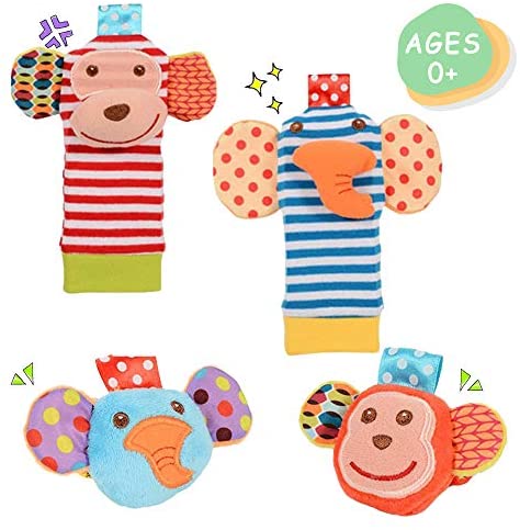 Daisy Cute Animal Wrist and Foot Rattles Finder Socks Set for Infant Baby Velcro Design Developmental Toys Set Elephant and Monkey - Wonderful Baby Gift