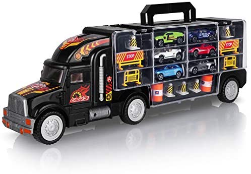 AOKESI Transport Car Carrier Truck Toy Great Gift for Boys Girls Age of 3-10 Year Old (Includes 6 Toy Cars, 2 Construction Signs,7 Road Blocks, 2 Oil Cones, 1 City Map and 1 Dice)