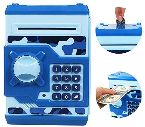 Cargooy Mini ATM Piggy Bank ATM Machine Best Gift for Kids,Electronic Code Piggy Bank Money Counter Safe Box Coin Bank for Boys Girls Password Lock Case (Camouflage Blue)