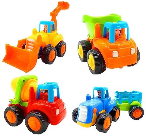 Friction Powered Cars, Push and Go Toy Trucks Construction Vehicles Toys Set for 1-3 Year Old Baby Toddlers- Dump Truck, Cement Mixer, Bulldozer, Tractor, Early Educational Cartoon ( Set of 4)