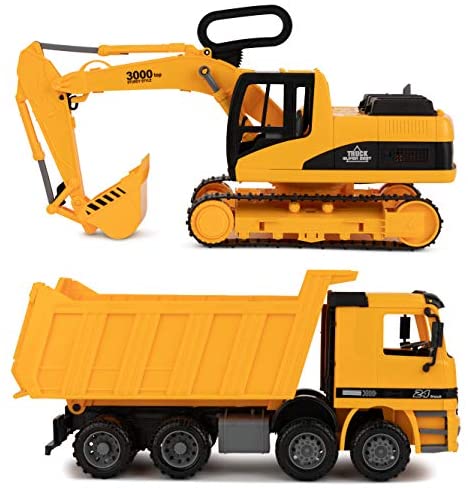 Toy To Enjoy Excavator & Dump Truck Toy for Kids (Set of 2) – Moveable Claw & Lifting Back – Garbage Truck & Bulldozer Digger – Construction Vehicle for Kids & Children