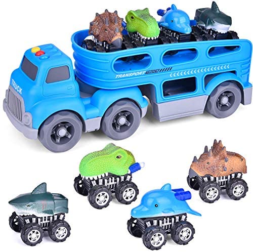 FUN LITTLE TOYS Friction Powered Car Carrier Truck Toy for Kids with Lights and Sounds, Toy Cars for Boys 2-5, 4 Dinosaur Cars