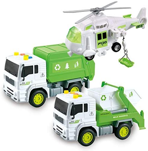 JOYIN 3 in 1 Friction Powered City Waste Management Vehicle Car Truck Toy Set Including Helicopter, Garbage Truck, and Waste Collection Truck, with Lights and Sounds / Sirens