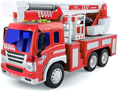 Gizmovine Fire Truck Toy Friction Power with Lights and Sounds, Extending Rescue Rotating Ladder Pull Back Construction Toys Vehicles for Toddlers Boys 4, 3, 2 Year Old, 1:16 Scale