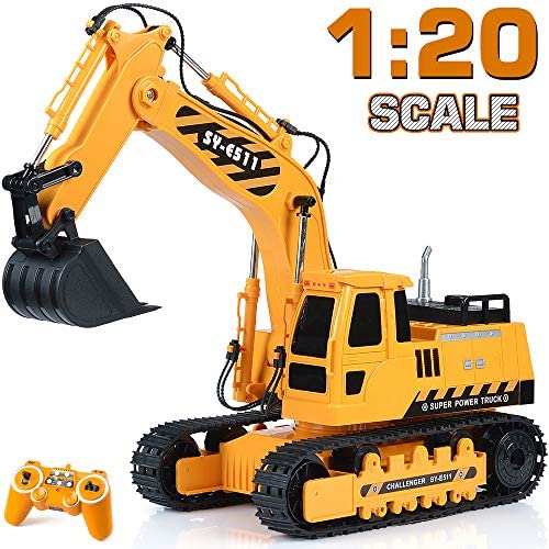 DOUBLE E Remote Control Excavator RC Toy 1:20 RC Excavator Fully Functional Construction Tractor, 11 Channel Rechargeable RC Truck with Lights Sounds 2.4Ghz Transmitter