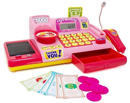 Boley Kids Toy Cash Register - Pretend Play Educational Toy for Kids, Children, Toddlers - Cash Register with Electronic Sounds, Play Money, Grocery Toys, Working Calculator, and More - Pink