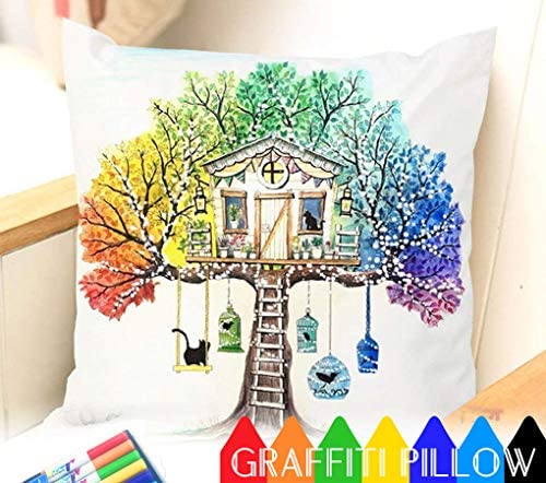Fastness Treehouse DIY Coloring Pillowcase Decoration, 18 Inch Square with Bonus A Set of Doodle Color Pens, Creative Gift for Kids (Treehouse)