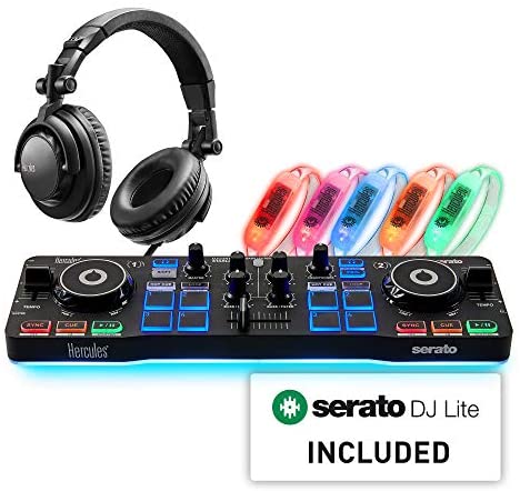Hercules DJ Party Set: Ultra-compact, 2-deck DJControl Starlight USB DJ controller for Serato DJ Lite, HDP DJ45 headphones, 5 beat-detecting LED wristbands.