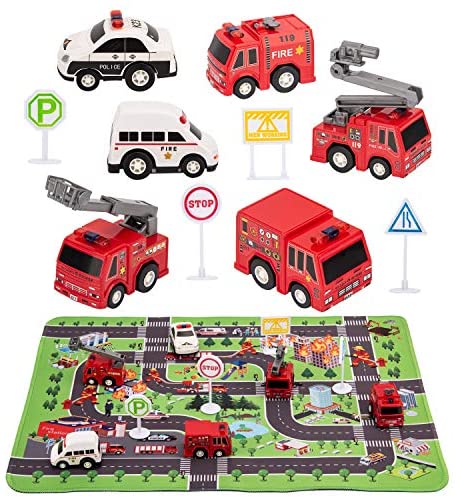 Kilpkonn Fire Truck Toys with Play Mat，Fire Vehicles Set Include 6 Fire Engines, 4 Road Signs, 14