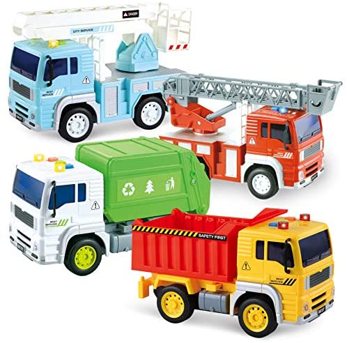 JOYIN 4 Pack Friction Powered City Vehicles Including Garbage Truck, Fire Engine Truck, Boom Lift Truck and Construction Dump Truck with Lights and Sounds