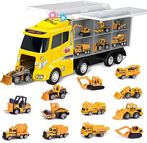 FUN LITTLE TOYS 12 in 1 Die-cast Construction Truck, Toy Car Play Vehicles in Carrier Truck, Present for Kids