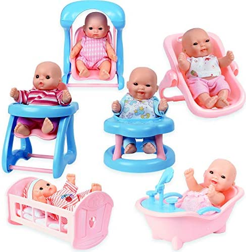 WolVol Set of 6 Mini Dolls for Girls with Cradle, High Chair, Walker, Swing, Bathtub, Infant seat