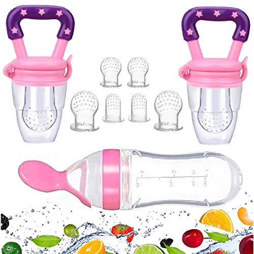 Gedebey Baby Food Feeder, Pacifier Fruit- Fresh Silicone Bottle Squeeze Spoon Frozen Fruit Teething Pacifiers Nibbler Hygienic Cover Newborn Teeth with Meshes Sizes for Baby Food Spoon (Pink)