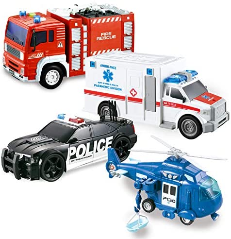 JOYIN 4 Pack Friction Powered City Hero Play Set Including Fire Engine Truck, Ambulance, Police Car and Helicopter Emergency Vehicles with Light and Sound