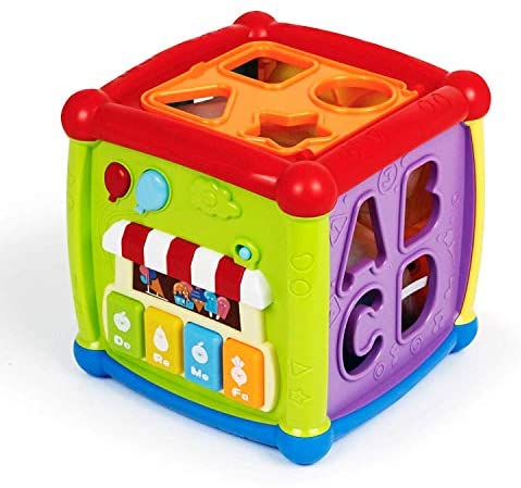 Bambiya Baby Activity Cube - 6-in-1 Baby Learning Toys Play Set Includes A-B-C-D Letters, Colorful Shape Sorter, Vehicles Puzzle, 4 Piano Keys and More - Infant Toy for Toddlers 18+ Months