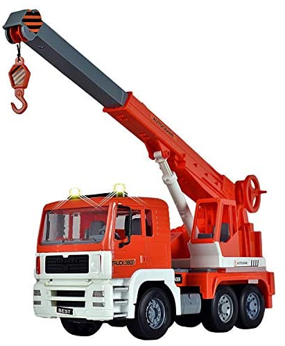 WolVol Friction Powered Construction Crane Truck Toy with Lights and Sounds for Kids, Crane arm can Expand to 18 inches