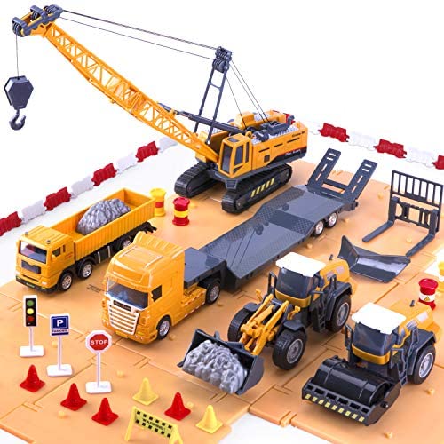 iPlay, iLearn Construction Site Vehicles Toy Set, Kids Engineering Playset, Trucks, Trailer, Crane, Forklift, Bulldozer, Steamroller, Plow, Gift for 3, 4, 5, 6 Year Olds Boys, Toddlers, Kids, Children