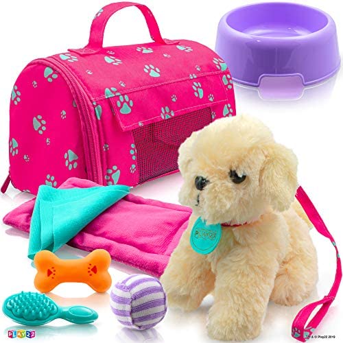 Play22 Plush Puppy Doll Set 9 PCS - Baby Doll Accessories, Puppy Dog, Leash, Carrier, Bowl, Bone, Bed, Blanket, Tennis Ball, Brush, Doll Puppy Set and Accessories Fits for 18 Inch American Girl Dolls