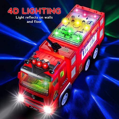 Electric Fire Truck Kids Toy - with Bright Flashing 4D Lights & Real Siren Sounds | Bump and Go Firetruck for Boys | Automatic Steering on Contact | Fire Engine Toy Trucks for Imaginative Play…