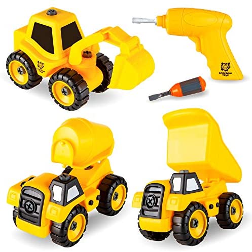 Trucks for 3 Year Old Boys, Set of 3 Take Apart Truck Toys with Drill, Build It Yourself Construction Vehicles for Kids - Dump Truck, Cement Truck, Excavator - Great Gift for Boys & Girls Ages 3+