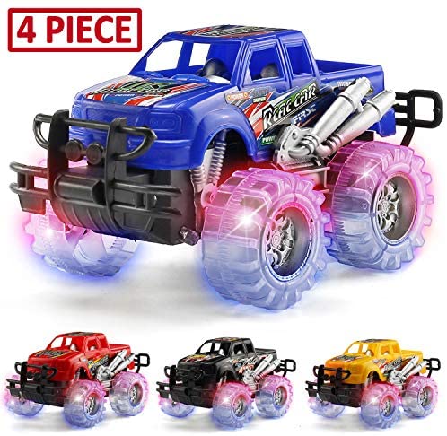 MAPIXO 4 Pack 4 Colors Light Up Monster Truck Set with Flashing LED Wheels, Best Gift for Boy and Girl Age 3+ Years Old. Push n Go Car, Monster Car Toy for Kids Child Toddler Birthday Party Favors