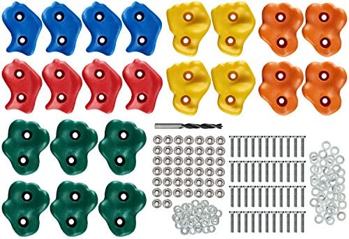 22 Assorted Deluxe Rock Climbing Holds for Kids - Outdoor Climbing Stones Kit with 44 Swing Safe Fasteners + Drill Bit Easy to Install on Lumber from 3/4