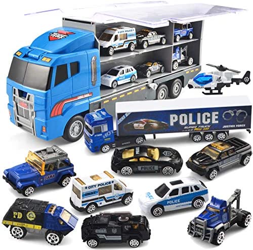 JOYIN 10 in 1 Die-cast Police Patrol Rescue Truck Mini Police Vehicles Truck Toy Set in Carrier Truck