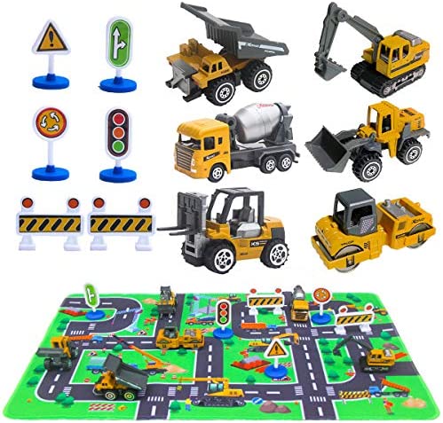Construction Vehicles Toys with Play Mat, 6 Construction Cars, 6 Road Signs and 15.5