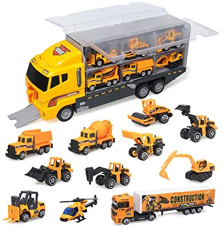 zoordo Construction Truck Toys Sets,11 in 1 Mini Die-Cast Truck Vehicle Car Toy in Carrier Truck,Gifts for 3 + Years Old Kids Boys Girls