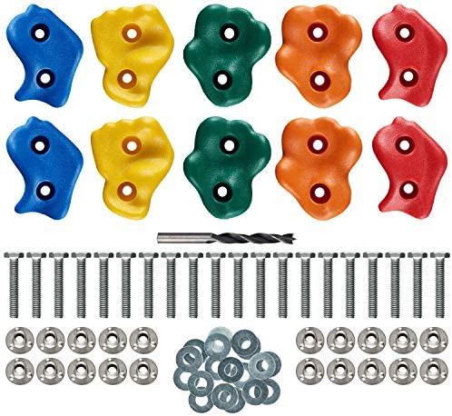 10 Assorted Deluxe Rock Climbing Holds for Kids :: Outdoor Climbing Stones Kit with 20 Swing Safe Fasteners + Drill Bit :: Easy to Install on Lumber from 3/4