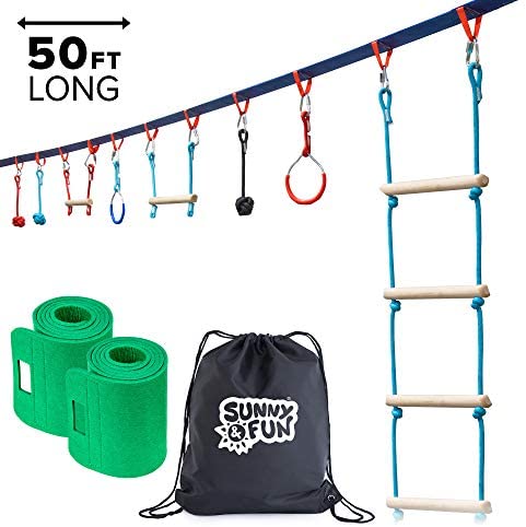 Sunny & Fun Portable 50 Foot Ninja Slackline Monkey Bar & Ladder Kit – Kids Gym Swinging Obstacle Course Set - Warrior Training Bars, Fists, Gymnastics Rings - Carry Bag & Tree Protectors