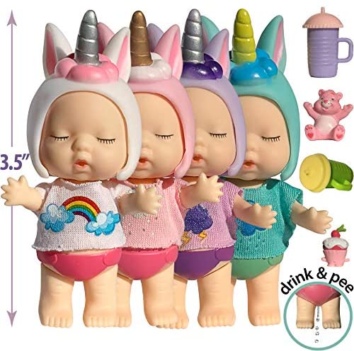 Unicorn Mini Baby Dollhouse Dolls for 3 4 5 6 Year Old Girls 3 Inch Small Baby Doll Set w Accessories - Tiny Figure Unicorn Gifts for Girls Unicorn Doll Toys - Drink n Wet Mini Babies Unicorn Figurine