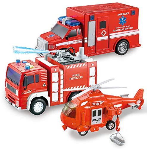 JOYIN 3 in 1 Friction Powered City Fire Rescue Vehicle Truck Car Set Including Helicopter, Ambulance, and Fire Engine, with Light and Sound