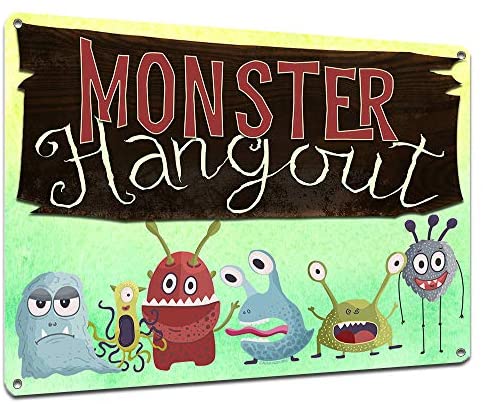 Monster Hangout, 9 x 12 Inch Metal Sign, Hanging Wall Decor and Accessories for Playroom, Treehouse, Nursery, Game Room, Bedroom, Gifts for Kids, Toddlers, Boys, Girls, Birthday, RK3114 9x12