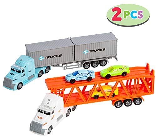 JOYIN Die-cast Truck Toy Set Includes Friction Freight Truck and Transport Car Carrier Truck with 3 Mini Toy Cars, Great Christmas Car Toys Gift for Kids