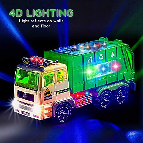 Zetz Brands Toy Garbage Truck for Kids with 4D Lights and Sounds - Battery Operated Automatic Bump & Go Car - Sanitation Truck Stickers