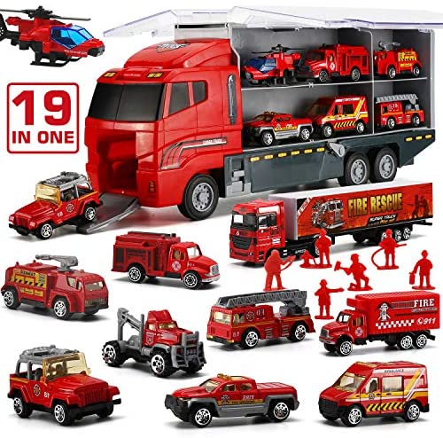19 in 1 Fire Truck with Firefighter Toy Set, Mini Die-cast Fire Engine Car in Carrier Truck, Mini Rescue Emergency Double Side Transport Vehicle for Kid Child Boy Girl Birthday Christmas Party Favors