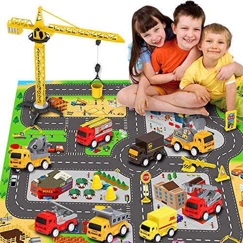 Engineering Construction Vehicles Toys with Play Mat, Toy Trucks, Mini Pull Back Cars Playset, Dump Truck, Excavator, Cement, Fire Engines, Delivery Trucks, Toy Gifts for Boys, Girls, Toddlers & Kids
