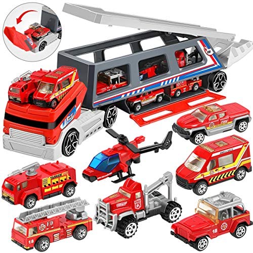Geyiie Fire Truck Toy, Die-cast Fire Engine Car Vehicle in Detachable Fire Carrier Transport Car, Mini Rescue Emergency Double Side Truck Toys for Kids Boy Girl Party Favors