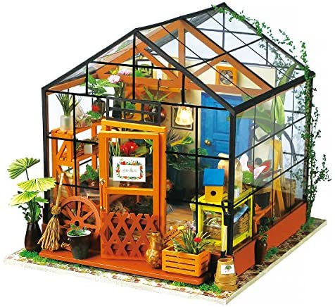 ROBOTIME DIY Dollhouse Wooden Miniature Furniture Kit Mini Green House with LED Best Birthday Gifts for Women and Girls