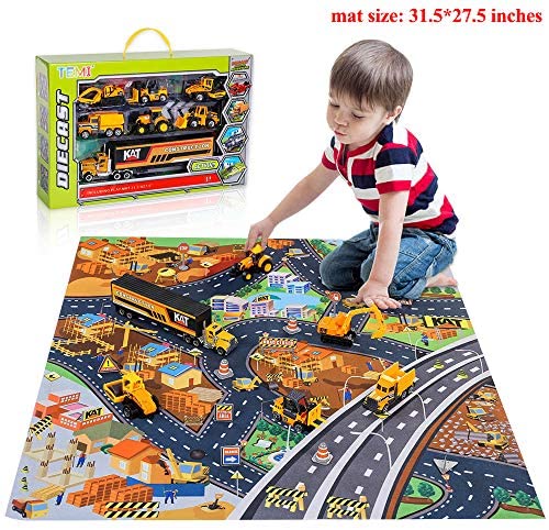 TEMI Diecast Engineering Construction Vehicle Toy Set w/ Play Mat, Truck Carrier, Forklift, Bulldozer, Road Roller, Excavator, Dump Truck, Tractor, Alloy Metal Car Play Set for Kids, Boys & Girls